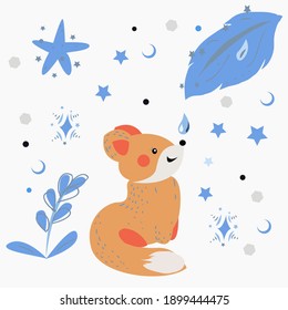 Ein blauer Fuchs und ein Tropfen Wasser. Kindergrafik mit süßem Charakter.