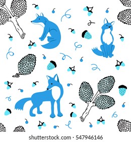 Blue fox on a white background autumn forest. Vector seamless pattern with wild animals pattern acorns and pine cones. Illustration still life animals in the forest.
