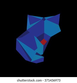 Blue Fox in Triangular Style on a Black Background. Low polygon style blue fox logo for business visual identity - triangular geometric abstract fox vector illustration