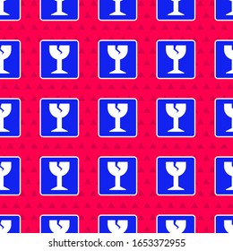 Blue Fragile broken glass symbol for delivery boxes icon isolated seamless pattern on red background.  Vector Illustration