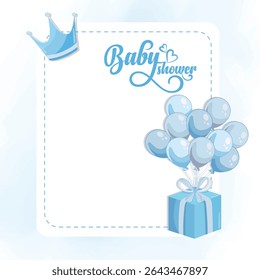 Blue frame for baby shower with "It's a boy" text and cute party flat illustrations, ideal for greeting cards, invitations, and newborn celebration designs