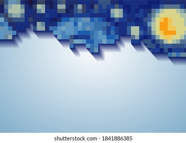 blue frame background in digital art with copy space for text, pixel art frame, starry night sky with glowing yellow moon and with blank central space in Van Gogh impressionist painting style, vector 