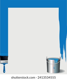 Blue frame with bucket and brush. Concept with blue paint and brush. Vector illustration