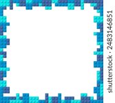 Blue frame composed of three shades of blue plastic toy blocks. Colorful brick banner isolated on a white background. Simple bricks template. Abstract vector background
