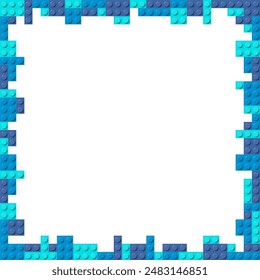 Blue frame composed of three shades of blue plastic toy blocks. Colorful brick banner isolated on a white background. Simple bricks template. Abstract vector background