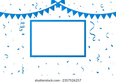 Blue Frame And Confetti With Ribbons Falling On White Background. Celebration Event And Birthday. Grand Opening. Vector