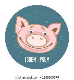 Blue frame with cute funny piglet face isolated on white background. Pig Chinese zodiac symbol of the New Year. Templates for labels, price tags, stickers, magnets or greeting cards.