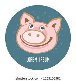 Blue frame with cute funny piglet face isolated on white background.  Pig Chinese zodiac symbol of the year. Templates for labels, price tags, stickers, magnets or greeting cards.