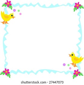 Blue Frame with Ducks, Bubbles, and Flowers Vector
