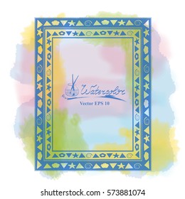 blue frame in the ethnic style on a watercolor background.  vector illustration is not Auto Trace