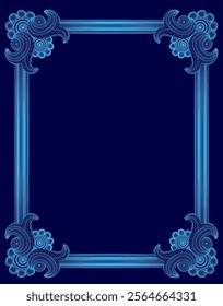 Blue frame with a floral design is displayed. The frame is made of blue and white materials and has a unique, artistic look. The blue and white colors complement each other, creating a harmonious