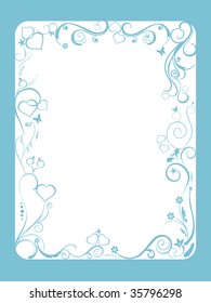 quadro azul com floral e corações no fundo branco, ilustração