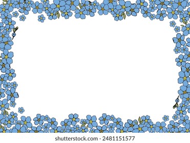 A blue frame with flowers for card or invite. Spring forget me not floral background.