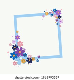 Blue frame with flowers on white background with space for text. Concept of holiday greetings , invitations