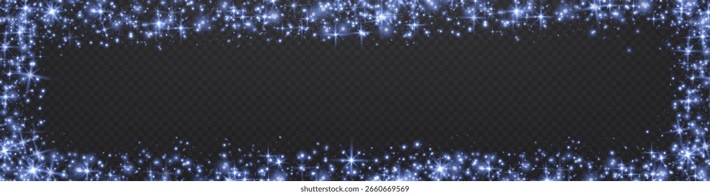 Marco azul de puntos brillantes, partículas, estrellas y chispas mágicas. Efecto de luz de destello brillante. Puntos luminosos azules. Partículas de Vector sobre fondo negro. 