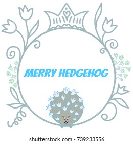 Blue frame with hedgehog, swirls and a crown on a white background