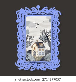 Un marco azul con una casa en él. La casa es Pequeña y tiene una chimenea. El cielo está nublado y la casa está rodeada de árboles