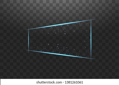 Blue frame with lights effects. Shining luxury banner vector illustration. Glow line blue frame with sparks and spotlight light effects. Shining rectangle banner isolated on black transparent