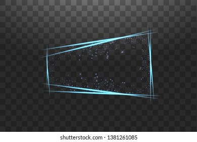 Blue frame with lights effects. Shining luxury banner vector illustration. Glow line blue frame with sparks and spotlight light effects. Shining rectangle banner isolated on black transparent