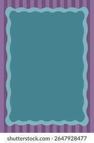 Blue frame on purple striped pattern background. Borders with wavy shapes. Abstract design elements. Frame design. 