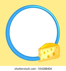 Blue frame on yellow background, decorated cheese. Vector illustration.