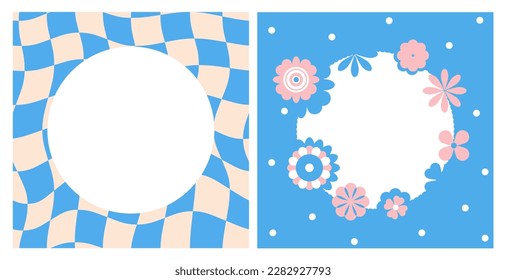 Blue frame for picture. Baby shower cards with geometry flowers. Retro grid. Sorbet colors, blue and pink, invitation, 70s, circle in a square.