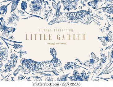 Blue frame with rabbits and flowers. Invitation in vintage style. Botanical vector illustration.