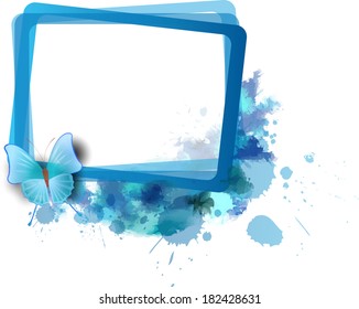 Blue frame with watercolor splashes and butterfly