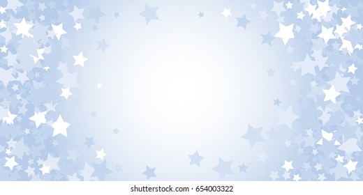 Blue frame. White and light blue stars scattered on a light blue background.Vector image star confetti splash isolated on light blue background. Pastel pattern stars. Modern Creative Pattern, EPS10. 