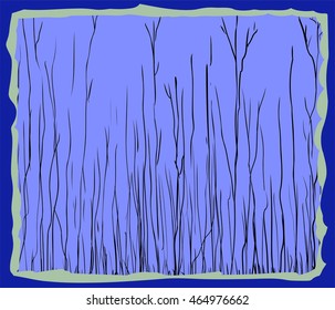 Blue framed illustration of lanky tall bare tree branches in winter theme