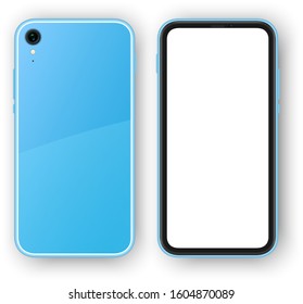Blue frameless smartphone, back and front view. High detailed realistic phone