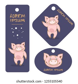 blue frames with cute funny piglets isolated on white background. New Year sale symbol. Pig Chinese zodiac symbol of the year. Templates for labels, price tags, stickers, magnets or greeting cards.