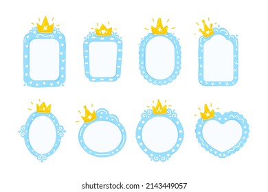 Blue frames for little prince.Set of blue frames with gold crowns,cute design elements in cartoon style, different shapes.Fantasy drawn elements for baby boy birthday or party.Vector flat illustration