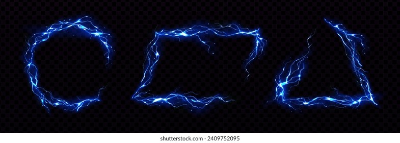 Blue frames made of glowing neon lightning. Realistic vector set of round and triangle shape borders from thunder bolts. Magic electric energy power framework on dark transparent background