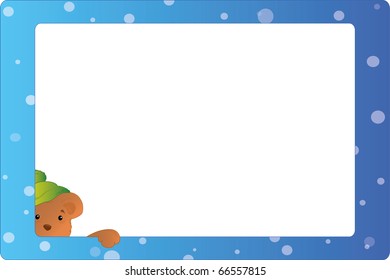 Blue framework for photos with the image of a bear cub in a green cap.