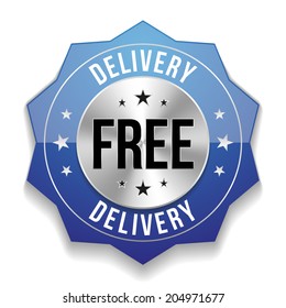 Blue free delivery button with stars on white background