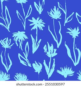 Blue Freehand Iris Flower Dry Brush Seamless Pattern