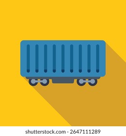 Blue freight train waggon carrying cargo, transportation and logistics icon, flat design with long shadow