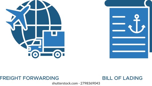 Blue freight truck with shipping container and bill of lading document vector illustration