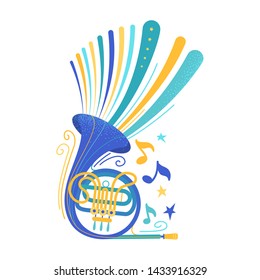 Blue french horn flat vector illustration. Brass instrument isolated clipart. Woodwind ensemble professional equipment. Classical music concert, jazz band performance poster design element