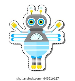 Blue Friendly Cartoon Bee Robot Character. Isolated vector robot sticker.