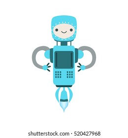 Blue Friendly Flying Android Robot Character Vector Cartoon Illustration