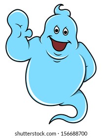 blue friendly ghost saying hello - Halloween vector illustration