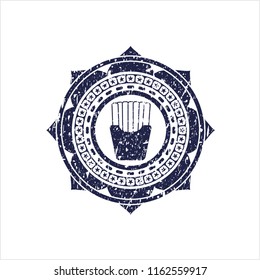 Blue fries icon inside distressed rubber seal with grunge texture