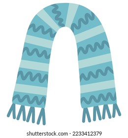 Blue fringed warm winter scarf with stripes, flat vector