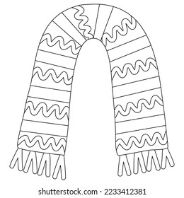 Blue fringed warm winter scarf with stripes, doodle style flat vector outline for kids coloring book