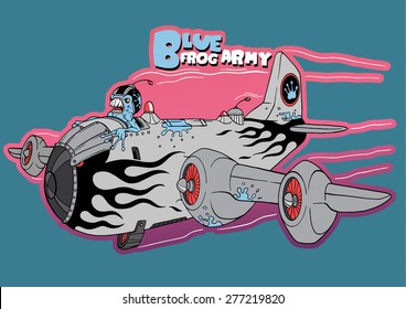 Blue frog flying a world war II bomber aircraft, vector illustration