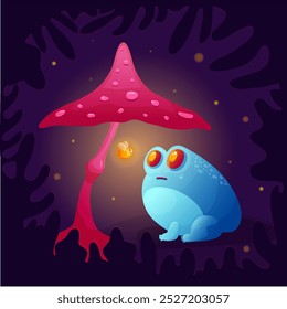 Blue frog with red eyes sits under a red mushroom in the forest, a firefly glows in the dark