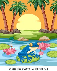 Rana azul sentada en la almohadilla de lirio en un entorno tropical.