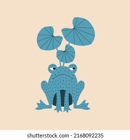 Blue frog and water lily hand drawn vector illustration. Isolated anuran character in flat style for kids logo or icon.